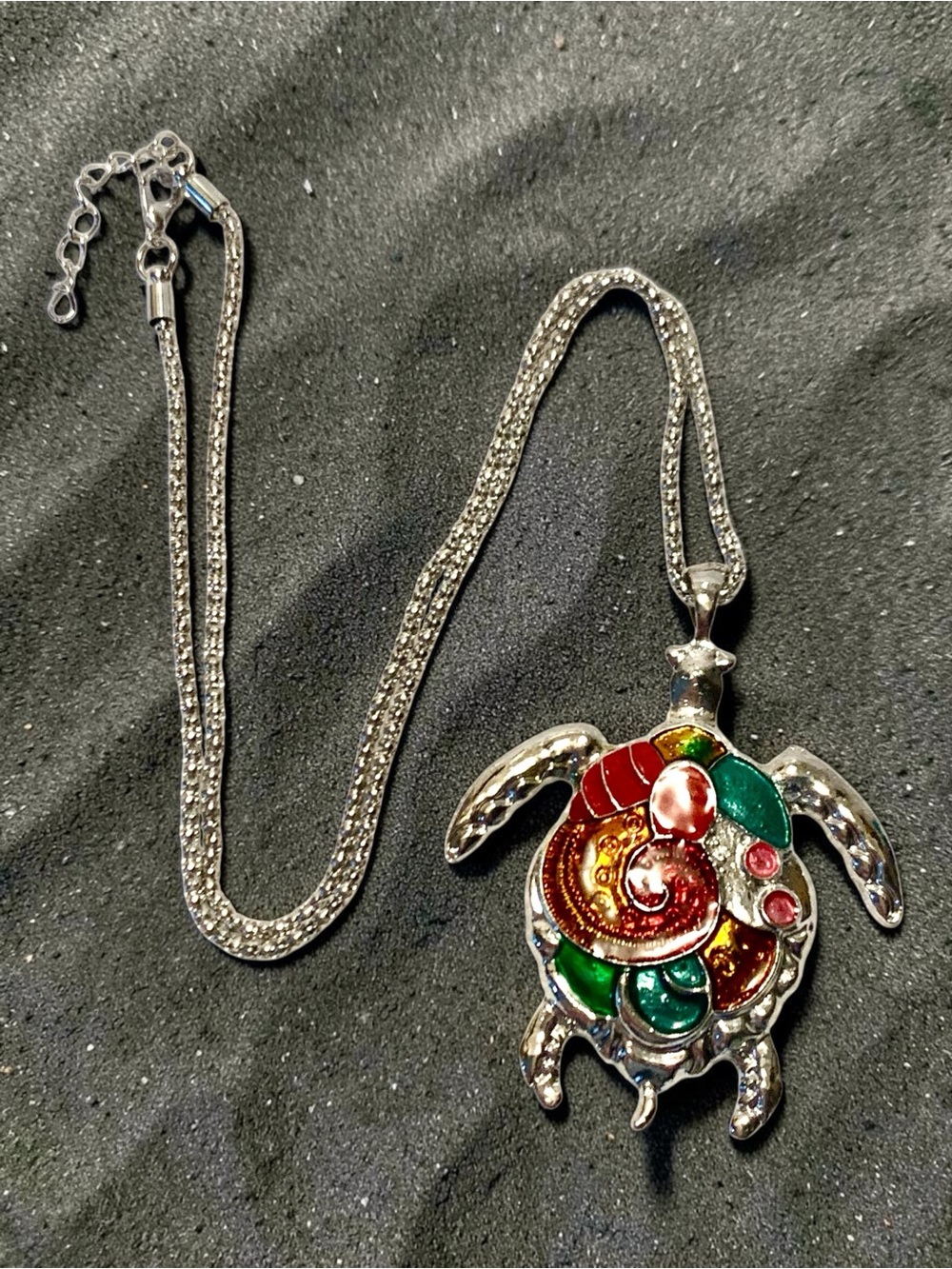 Multicolor Enamel Sea Turtle Pendant Necklace - Silver Tone